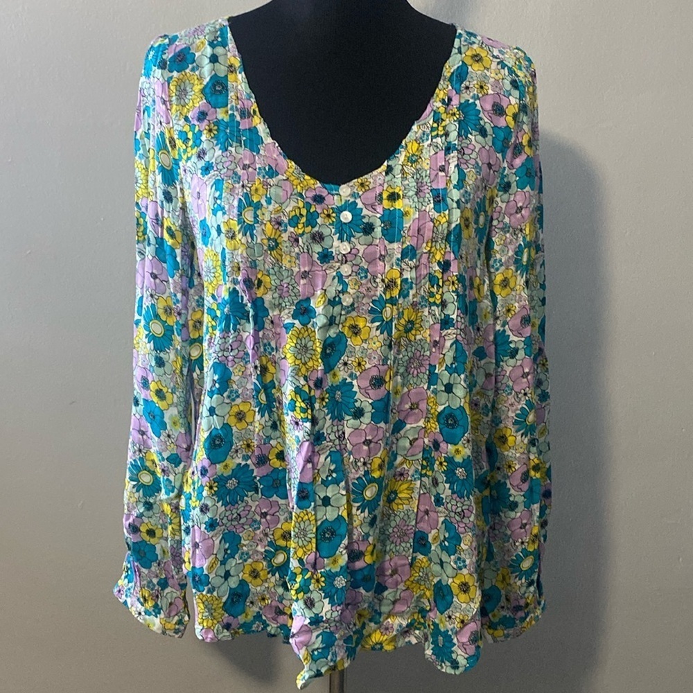 Jane & Delancey Floral Flowy Blouse V-Neck Lightweight Cool Sz M